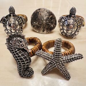 5pc Coastal Ocean Napkin Rings Beach Sea Turtle/Seahorse/ Starfish/ Sand Dollar